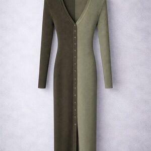 STAUD Olive Ribbed Knit Midi Dress Button Front Minimalist Bodycon Long Sleeve